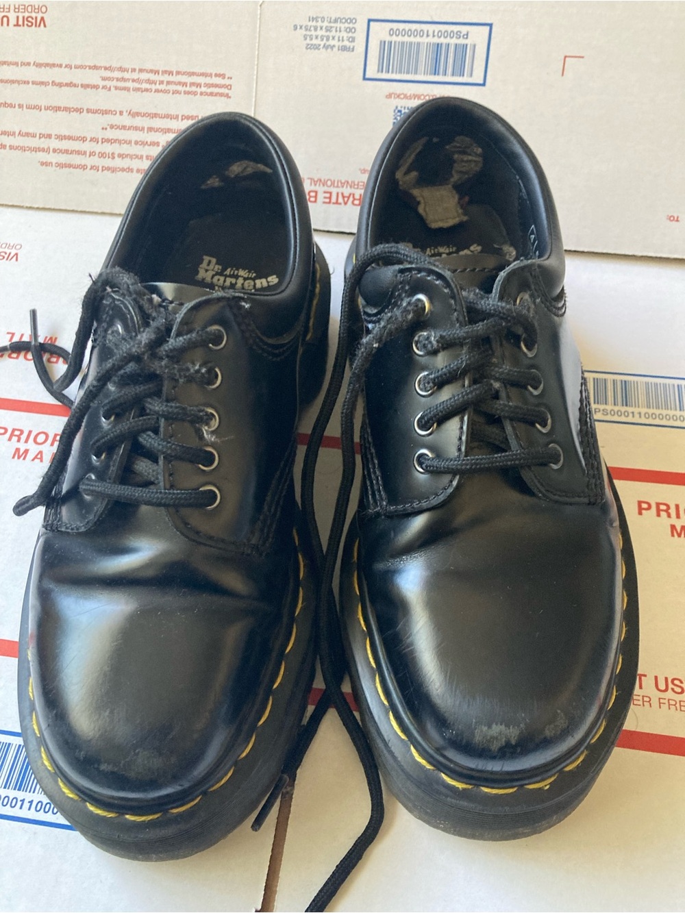 Dr. Martens Women's Black Leather 5-Eye Oxford with Yellow Stitching
